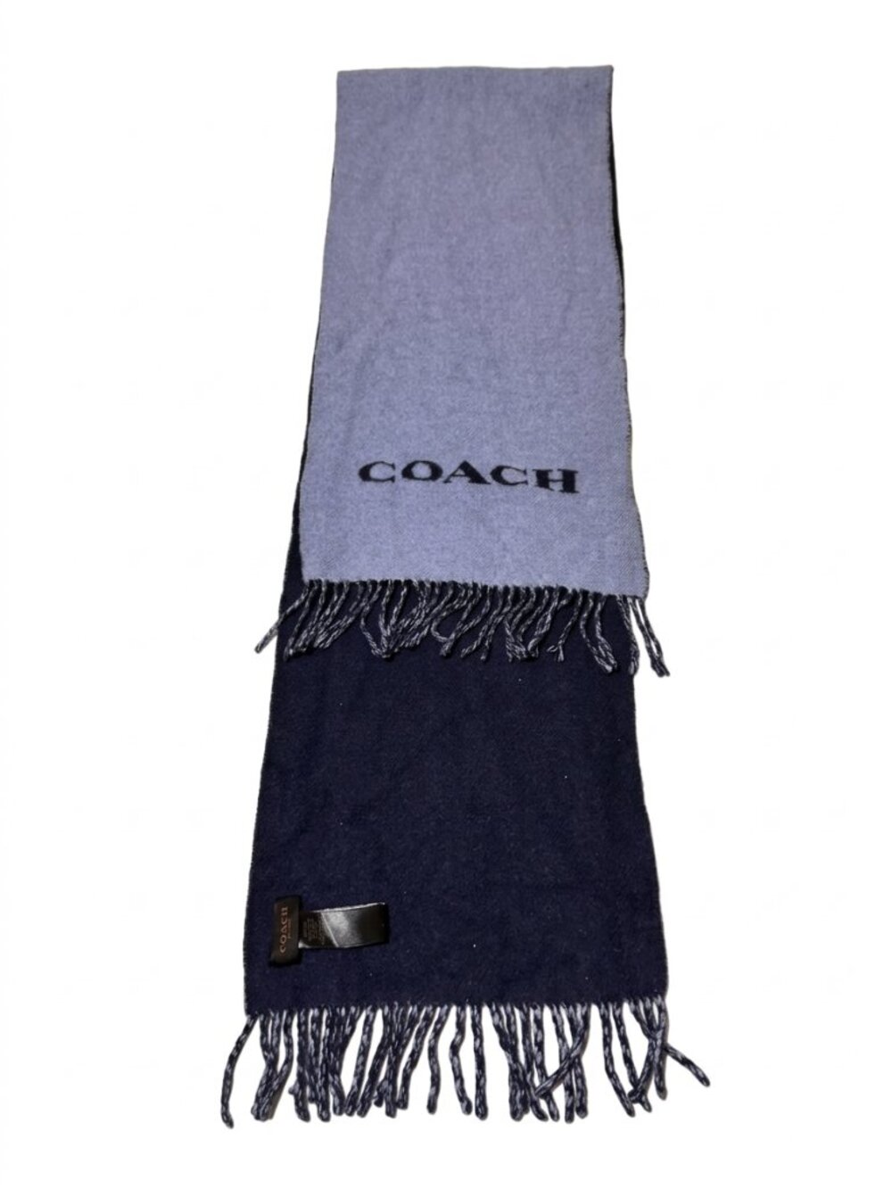 Coach Reversible Double-Face Wool Muffler Scarf with Fringe Trim — Bicolor Blue